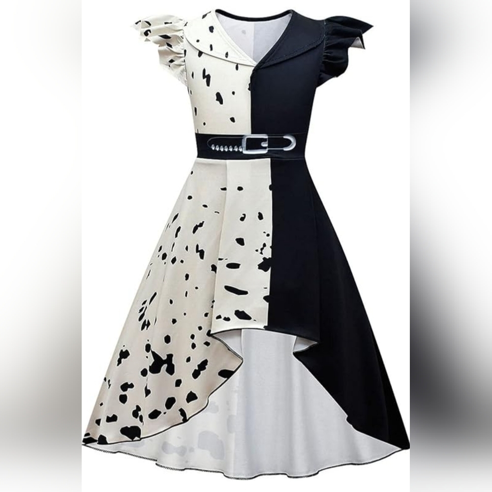 Cruella DeVil Hi-Low Dress Halloween Costume Cosplay Black White Girl's 6-7 EUC - Picture 1 of 15